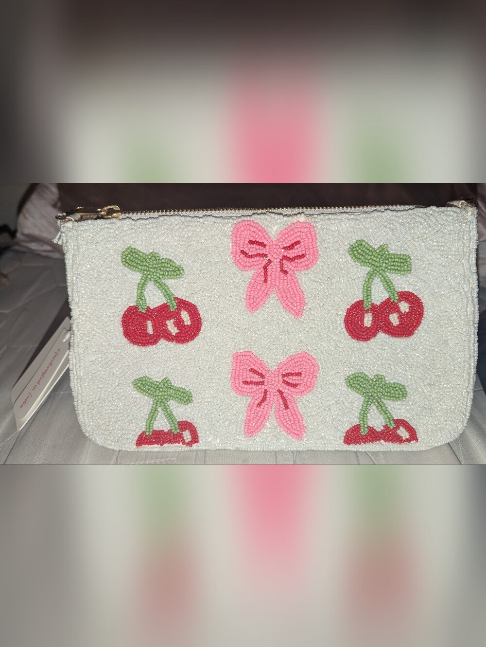 Beaded Cherry & Bow Clutch/Shoulder Bag